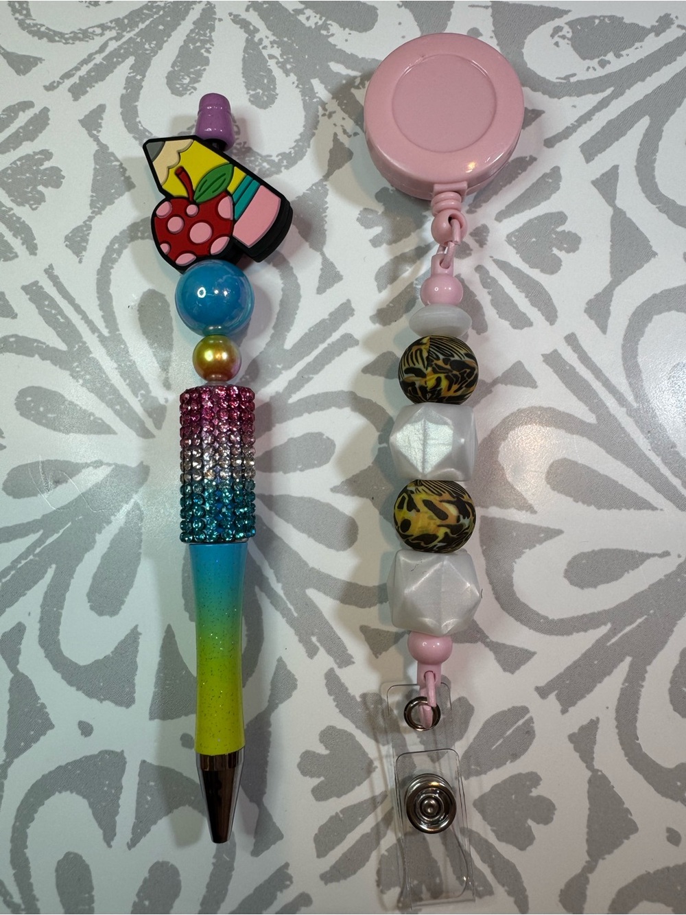 Colorful Rhinestone Ombre Pen with Beaded Badge Reel